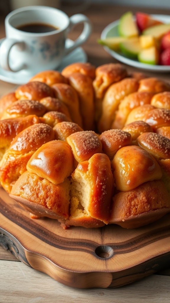 Golden-brown gluten-free monkey bread on a wooden platter, coated in cinnamon sugar, with a cup of coffee in the background.